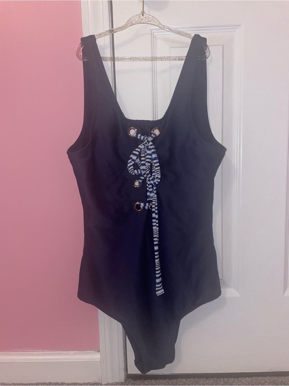 Tart Collections navy One-Piece Swimsuit with Blue-White string decor